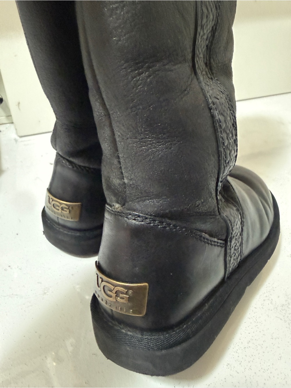 UGG Black Leather Tall Boot with Chestnut Shearling Cuff - Picture 10 of 16